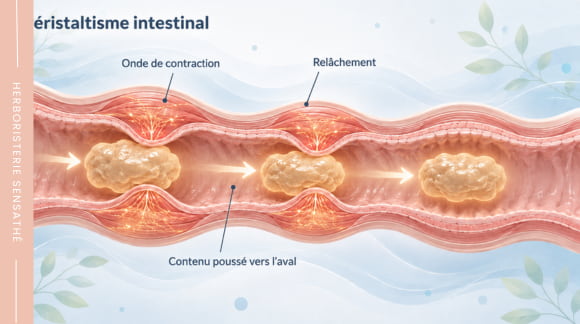 Schéma du péristaltisme intestinal montrant les contractions et le relâchement de l’intestin qui font progresser les selles dans le côlon - Herboristerie Sensathé
